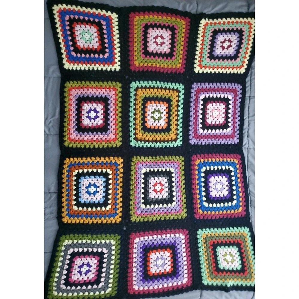 Handcrafted Crochet Granny Square Afghan Blanket Throw 48x72 colorful VTG